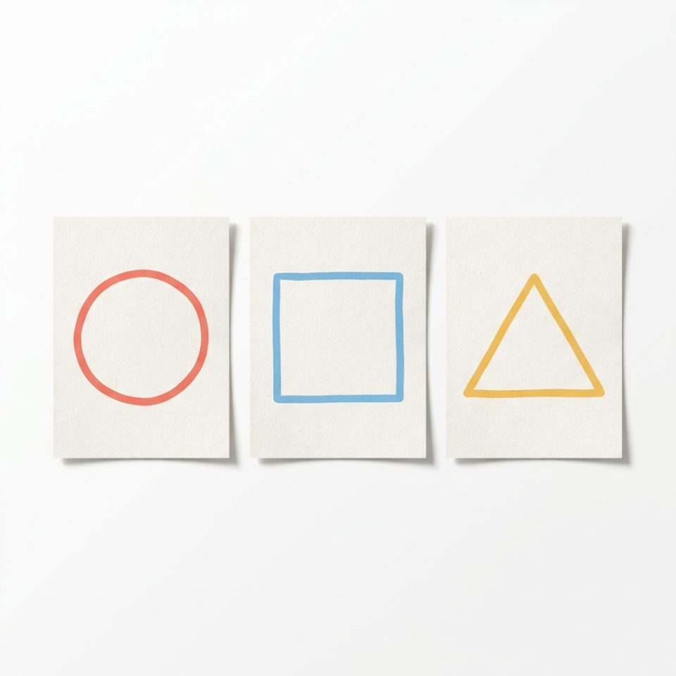 Three paper shape homes with a coral circle, blue square and yellow triangle outline.