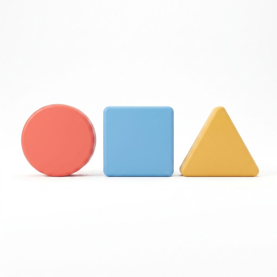 Three smooth child-safe shapes: a coral circle, blue square and yellow triangle.