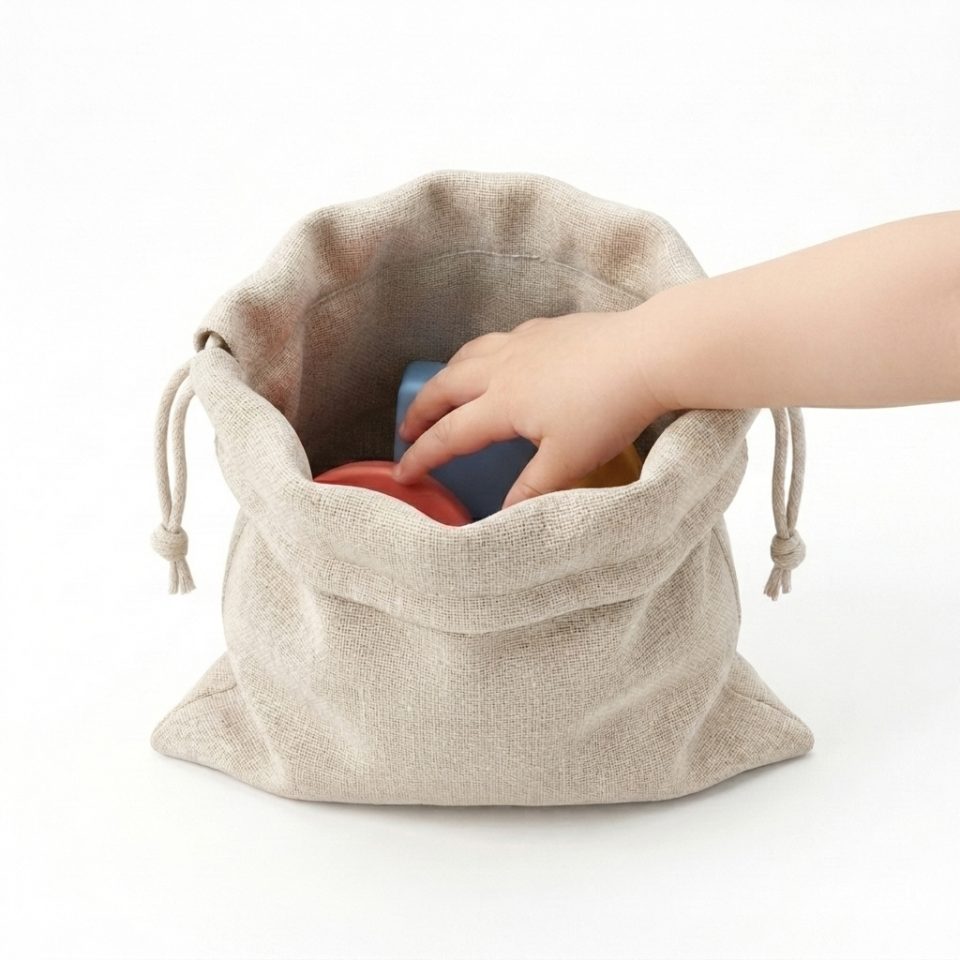 A child’s hand feeling a shape inside a small oatmeal cloth drawstring bag.
