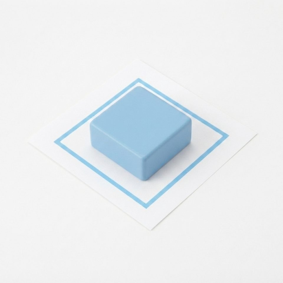 A blue square shape resting on its matching blue square outline paper home.