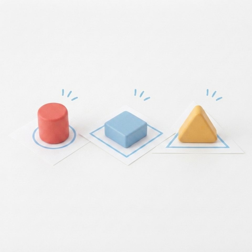 A coral circle, blue square and yellow triangle on matching shape homes with small celebration marks.