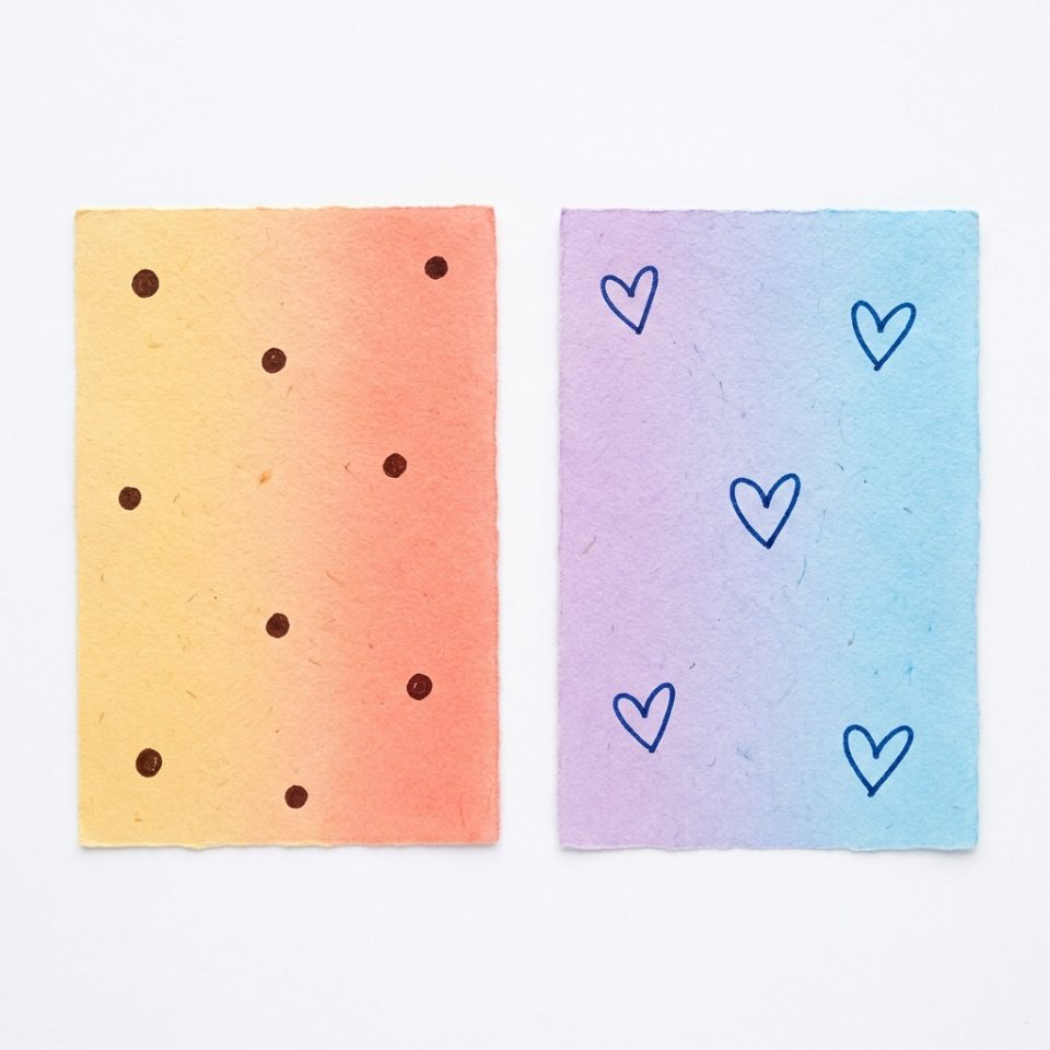 Two decorated paper rectangles, one with dots and one with hearts, ready to become butterfly wings.
