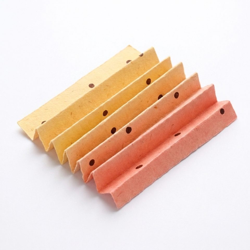 A yellow and coral dotted paper rectangle folded into an accordion fan.