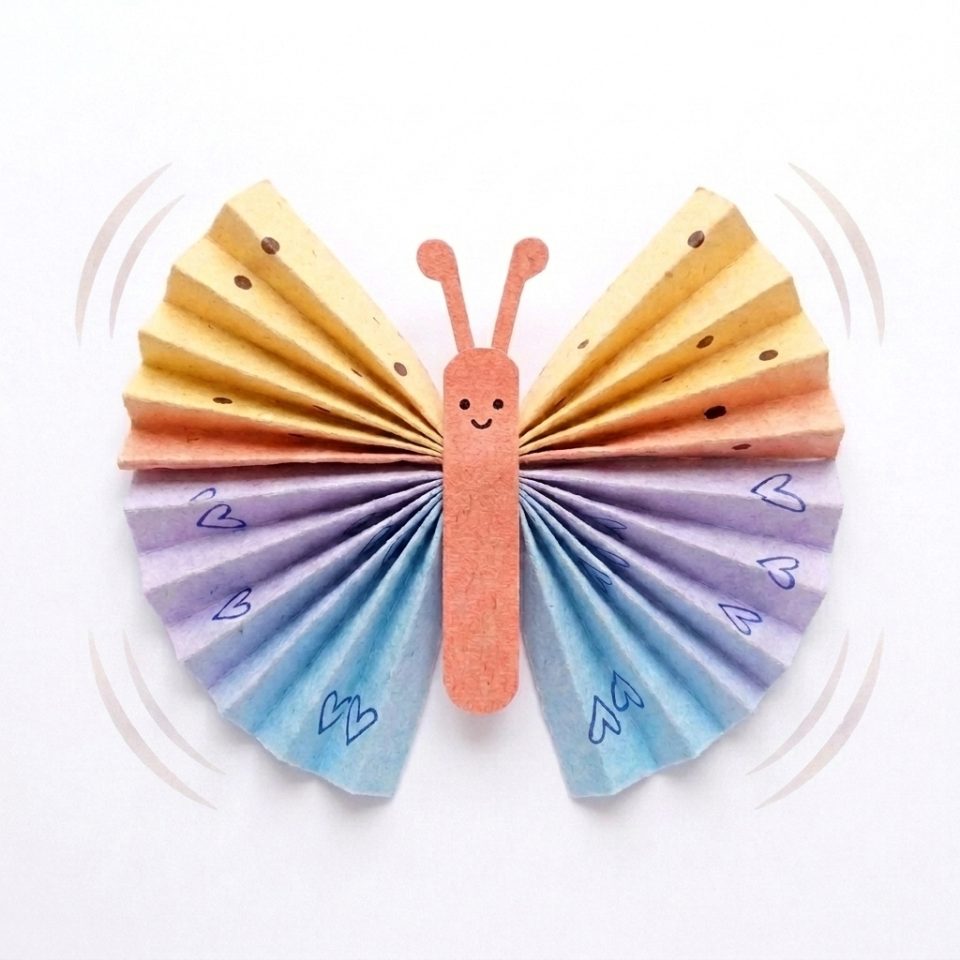 A completed colorful paper butterfly with gentle motion marks around its open wings.
