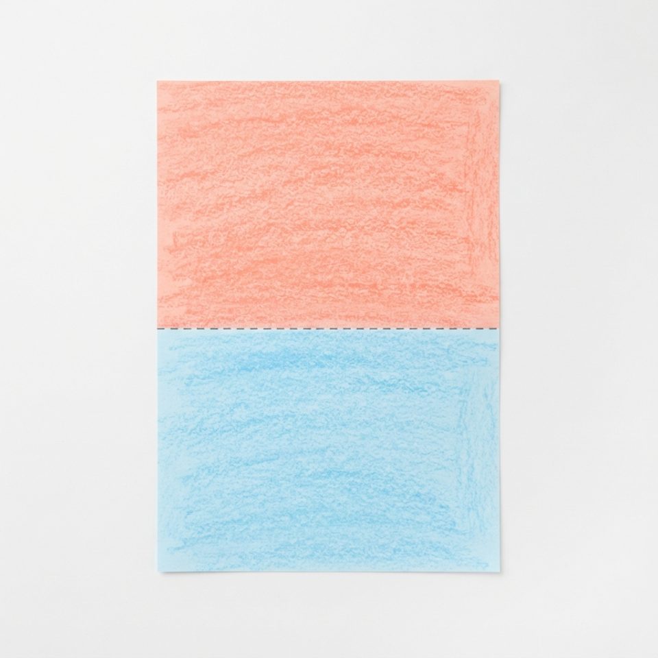 A tall paper sheet with a coral top half, a blue bottom half, and a dashed line across the middle.