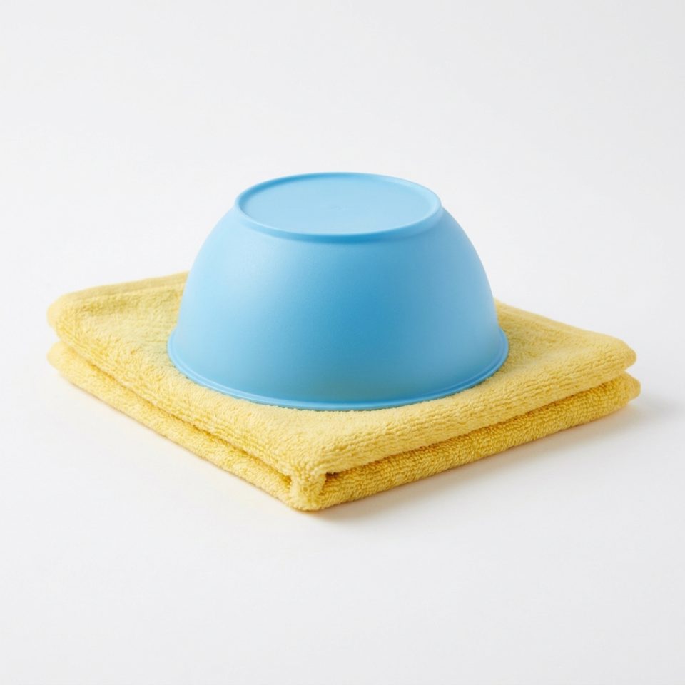 A small sky-blue plastic bowl placed upside down on a folded yellow towel as a safe drum.