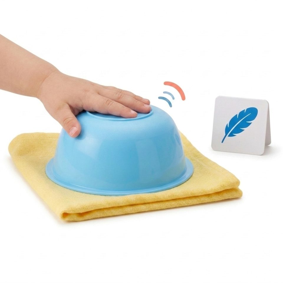 A child’s hand gently playing a sky-blue bowl drum beside a card with a blue feather symbol.