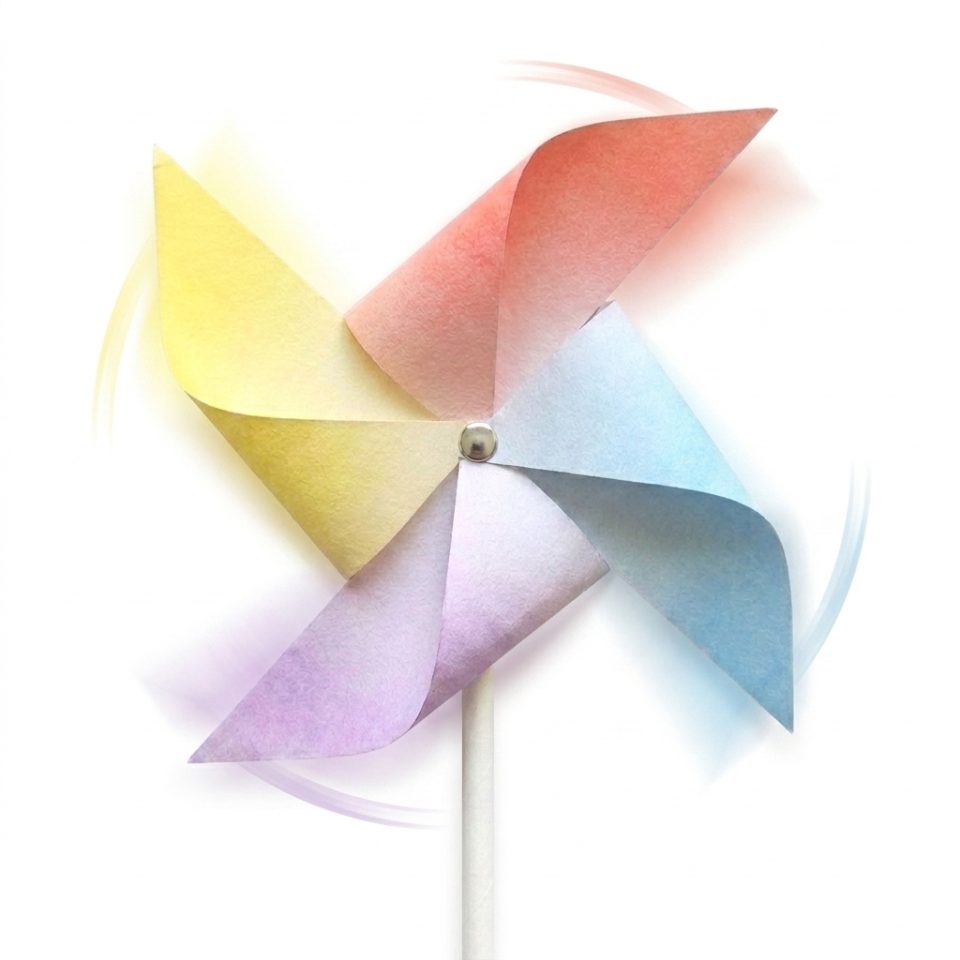 A colorful paper pinwheel on a white paper straw, turning gently with soft motion marks.
