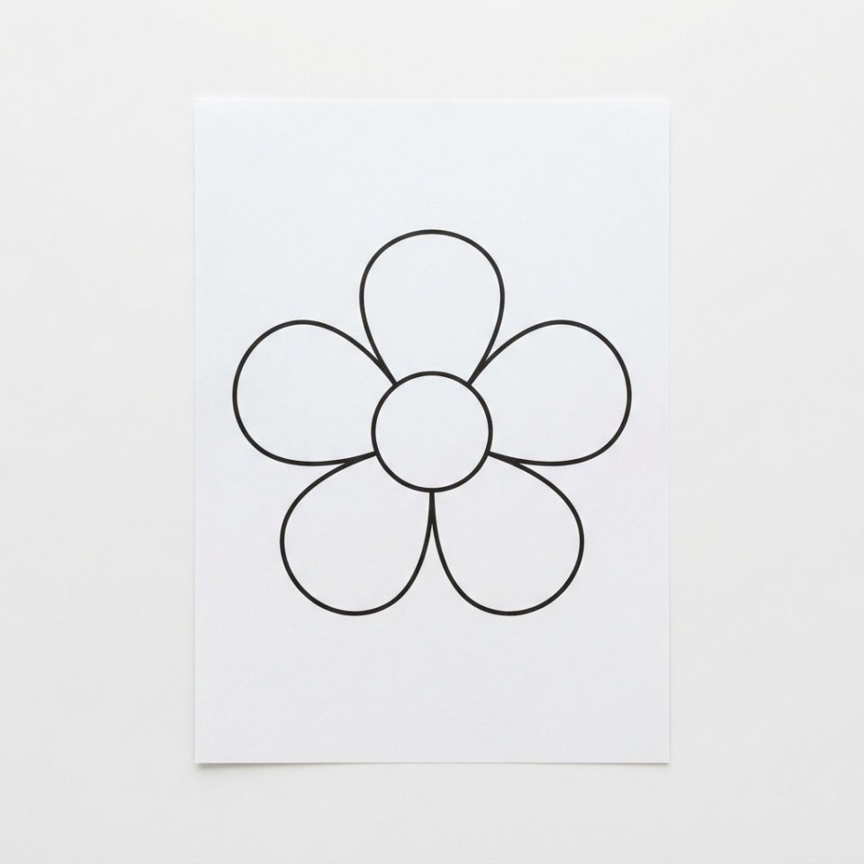 A white sheet of paper with one large flower outline, a round center and five wide petals.