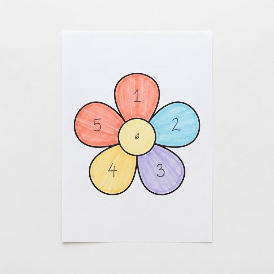 A colorful five-petal paper flower with the numbers one to five on its petals and a yellow center.