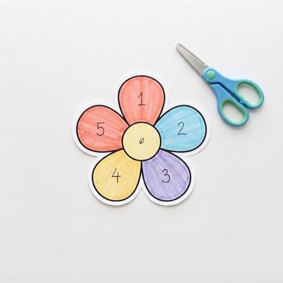 A colorful numbered five-petal paper flower cut out, with child-safe scissors beside it.
