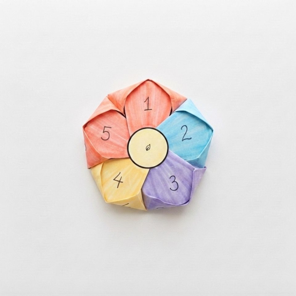 A colorful numbered five-petal paper flower folded inward into a closed bud.