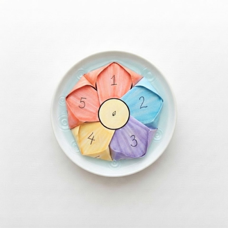 A folded colorful five-petal paper flower floating in shallow water in a white plate.