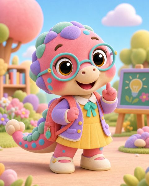 Anki Bright, a pink plush dinosaur with teal glasses and a yellow dress.