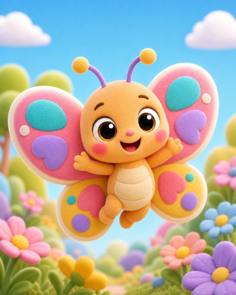 Bibi Flutter, a tiny orange butterfly friend with four colourful wings.