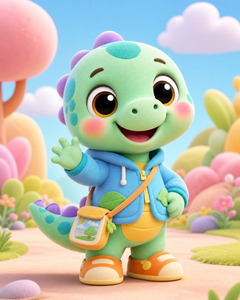 Nino, a mint-green plush dinosaur in a blue hoodie, waving.