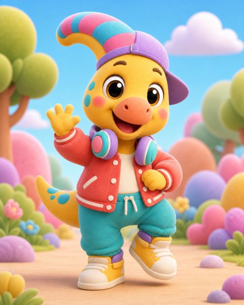 Para Pop, a yellow plush dinosaur wearing a colourful cap and headphones.