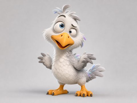 Silly Bird, a fluffy white bird with a bright orange beak.