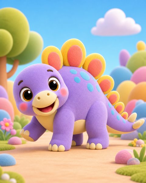 Stigo, a purple plush stegosaurus with bright yellow and coral back plates.