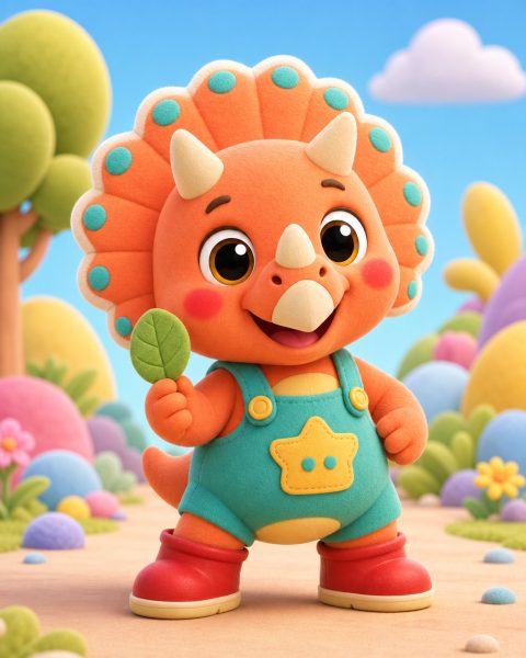 Toby Tops, an orange plush triceratops in teal overalls, holding a leaf.