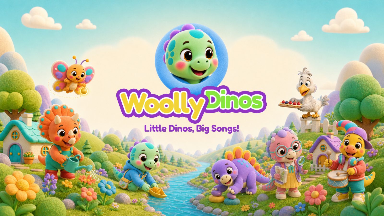 The WoollyDinos friends playing and exploring beneath the WoollyDinos logo in their colourful river valley.