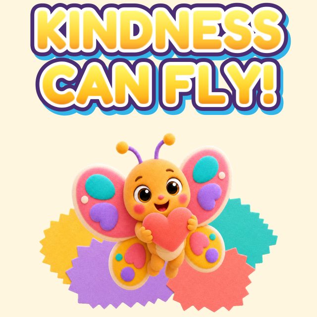 Kindness Can Fly print artwork featuring Bibi holding a large heart.