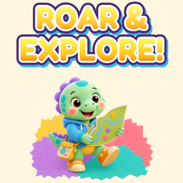 Roar and Explore print artwork featuring Nino holding a leaf map.