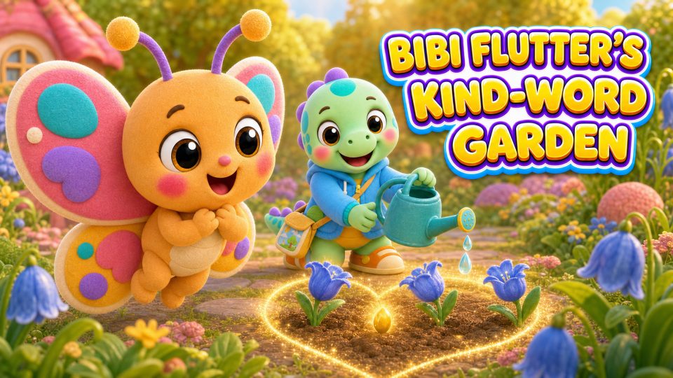 Bibi Flutter and Nino watering three blue flowers in a warm garden.