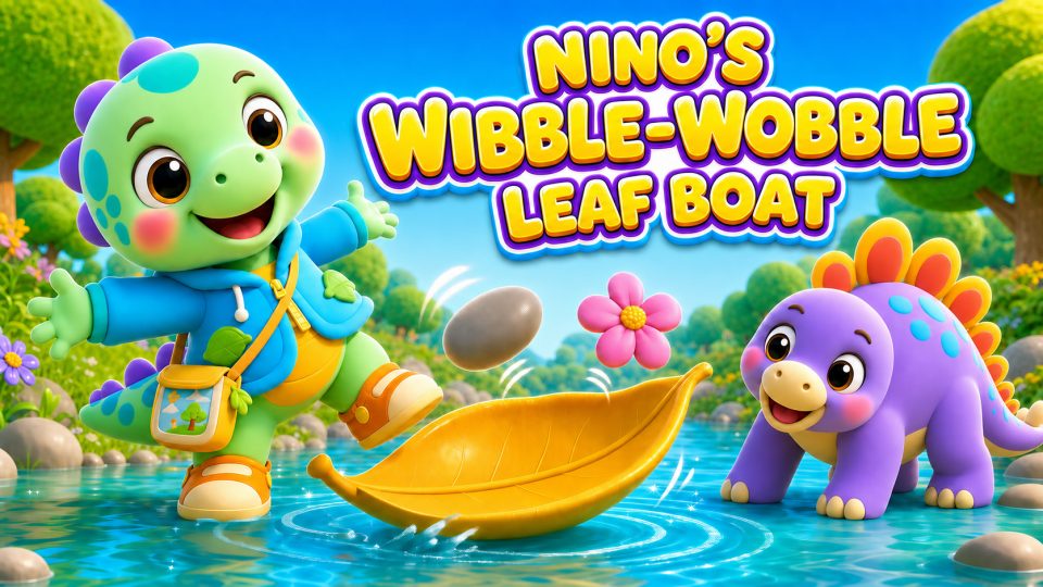 Nino and Stigo balancing a pebble and pink flower in a yellow leaf boat.