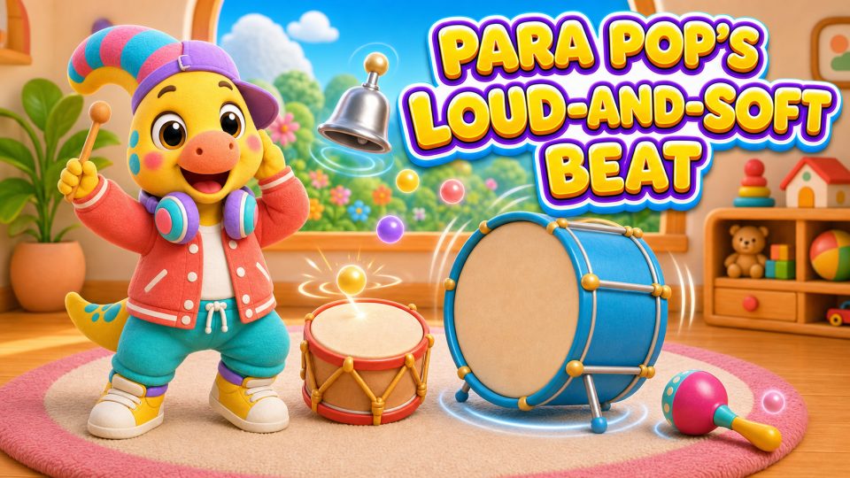 Para Pop listening beside a small drum, large blue drum, bell and shaker.