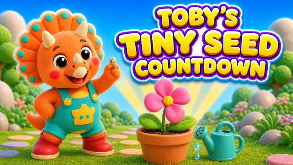 Toby Tops holding one seed beside a five-petal flower and watering can.